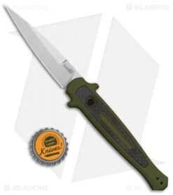Kershaw Launch 8 Stiletto Automatic Knife Green/CF (3.5" Stonewash) -Sharp Edge Knife Shop Kershaw Launch 8 Stiletto Auto Green CF SW KER7150OLSW BHQ 105833 jr bottlecap