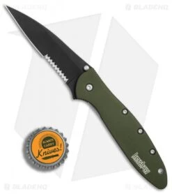 Kershaw Leek Assisted Opening Knife OD Green (3" Black Serr) 1660OLBLKST -Sharp Edge Knife Shop Kershaw Leek OD Green black serr BHQ 77342 er bottlecap 2